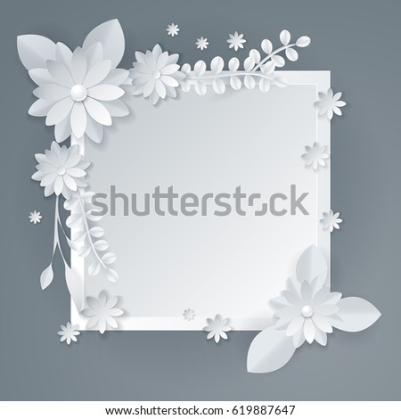 3d White Paper Craft Flowers Background, Spring Wedding Decoration, Summer Bridal Bouquet, Greeting Card Template, Blank Vector Floral Wall Decor