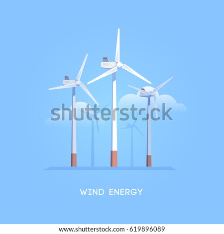 Vector flat illustration. Alternative sources of energy. Green energy. Windmills. Royalty-Free Stock Photo #619896089