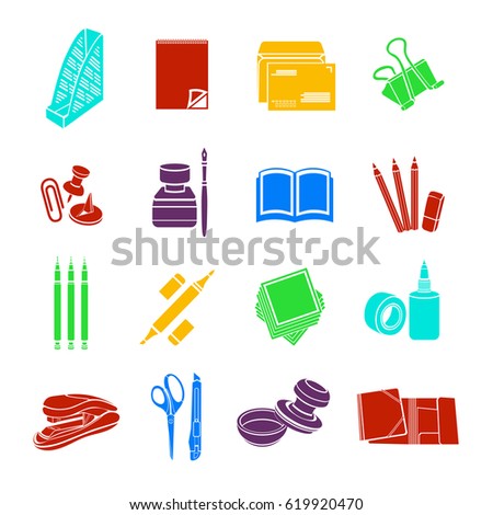 Stationery set of vector icons. Colorful flat office tools isolated on white background