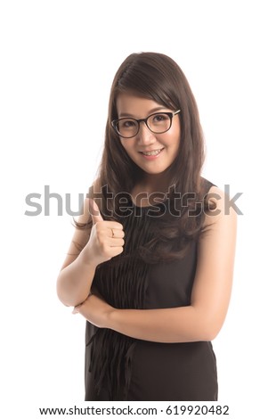 Asian business woman portrait in studio on white background. Business girl crossed arms and  giving thumb up successful concept.