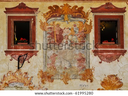  Assumption of the Virgin. Renovated fresco between ornamental windows. Bardejov; Slovakia - UNESCO World Heritage town.