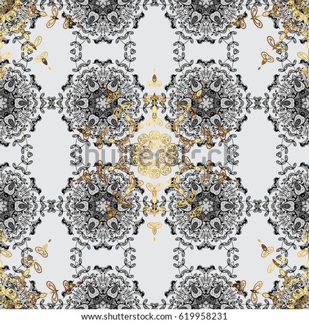 Seamless classic vector golden pattern. Seamless pattern on gray background with golden elements and white doodles. Traditional orient ornament. Classic vintage background.