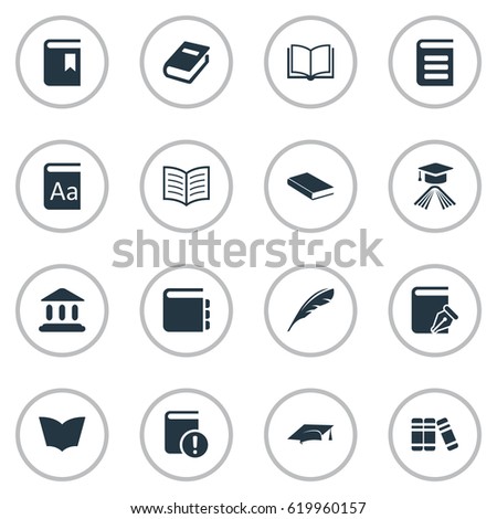 Vector Illustration Set Of Simple Education Icons. Elements Journal, Book Cover, Graduation Hat And Other Synonyms Textbook, Important And Blank.