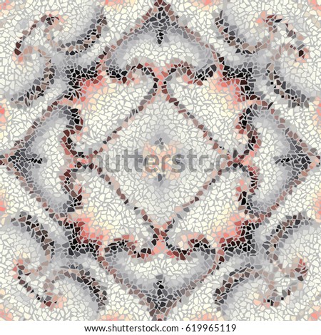 Seamless background pattern. Decorative symmetric mosaic pattern on light gray background.