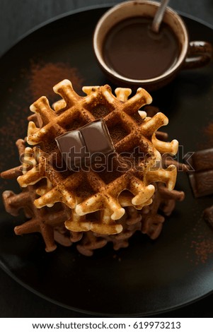 Stack Belgian waffles iced cocoa with chocolate sauce decorated mint leaves on dark wooden background. Selective focus