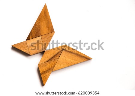 Wooden tangram puzzle in butterfly shape on white background