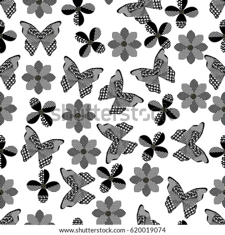Seamless butterfly background with geometric pattern black and white