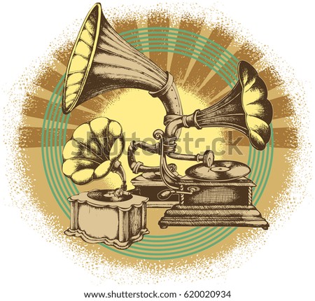 Decorative composition with hand drawing Gramophone. engraving style. vector illustration
