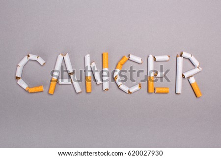 Cancer of the letters from cigarettes.Cigarettes cause cancer and kill. Cigarettes cause cancer and kill. Empty place for text. Gray background

