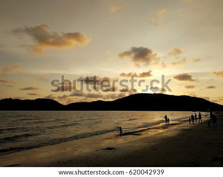Beach during golden sunset sky at Chantaburi unseen Thailand.