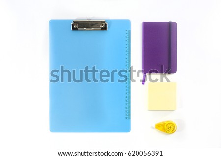 Notebook, clipboard and sticky note isolated on white background