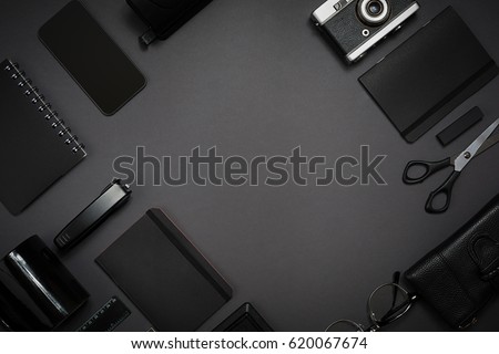 Still life, business, office supplies or education concept. Read
