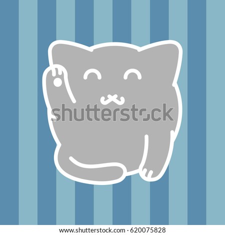 Japanese lucky cat Maneki Neko. Vector illustration of white cat with a raised paw on striped background. Fine flat style and colors. Good for icons, stickers, patterns & many other stuff.