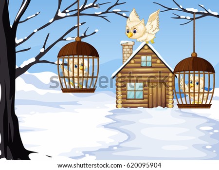 Winter scene with white owls in bird cages illustration