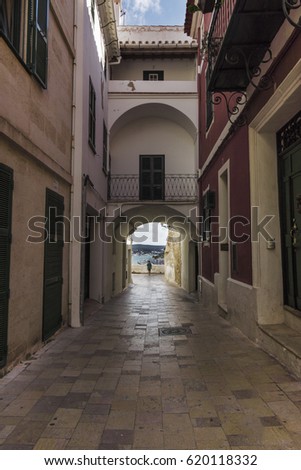 Narrow Street in historic centre of Mahon, Menorca, Balearic Islands, Spain, Mediterranean sea, Europe