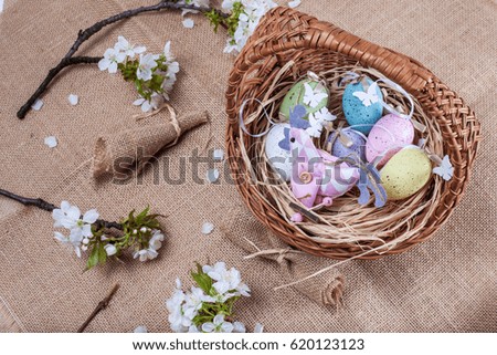 Eggs, Hen, Basket. Tradition decoration.