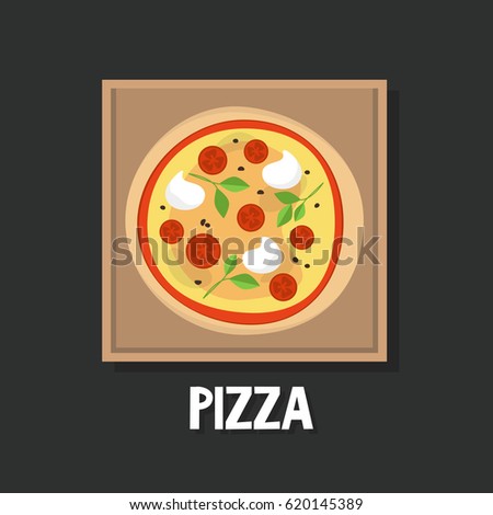 Italian pizza Margarita inside the delivery box. Top view / flat editable vector illustration, clip art