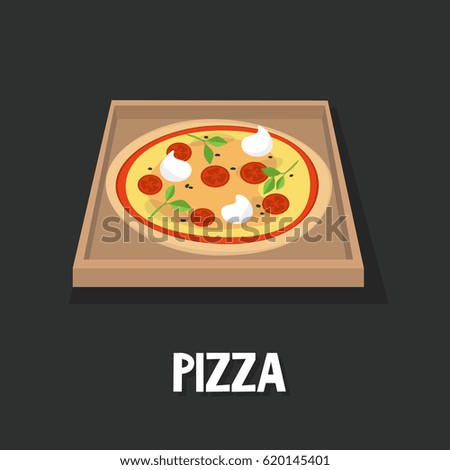 Italian pizza Margarita inside the delivery box. Isometric view / flat editable vector illustration, clip art