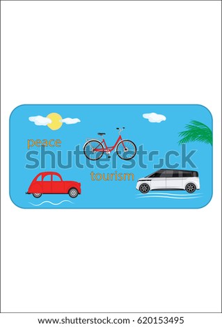 Tourist poster. Red small car, bicycle, realistic modern car sun palm art creative vector illustration flat style.
