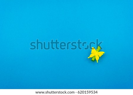 Abstract with yellow and green small felt butteflies with pegs isolated on texturen pattern blue background.