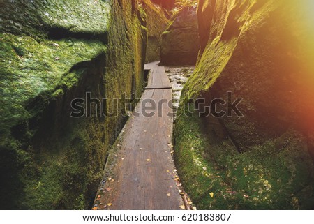 Fantastic view of the wooden footbridge run between wallsf of green canyon Siberia. Teplice-Adrspach Rock Town. Czech Republic. Artistic picture. Beauty world.