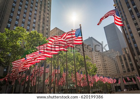 American flags on Rockefeller Plaza, New York City, USA