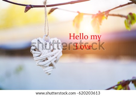 Wicker country heart hanging from tree branch. Valentines Day. Blurred background and inscription Hello my love.