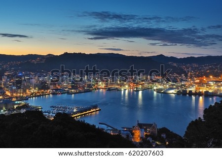Night view from Mt Victoria over Wellington, New Zealand. Royalty-Free Stock Photo #620207603