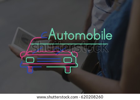 People Using Technology Digital Device with Car Icon Graphic