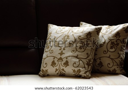 close up picture of two pillows on a leather sofa
