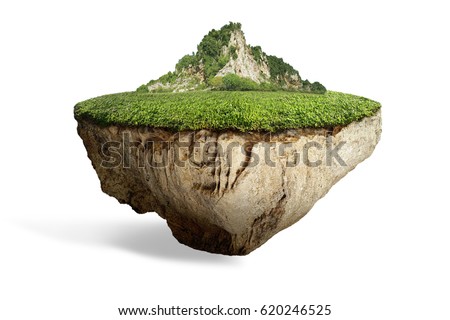 fantasy floating island with natural grass field on the rock, surreal float landscape with paradise concept Royalty-Free Stock Photo #620246525