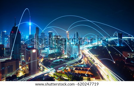 Modern cityscape and network connection concept . Royalty-Free Stock Photo #620247719