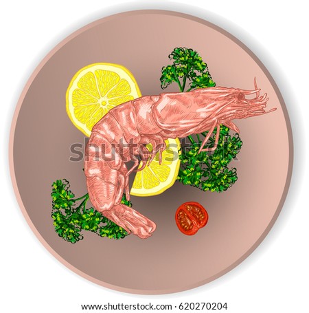 shrimp on a plate with lemon, tomatoes and herbs