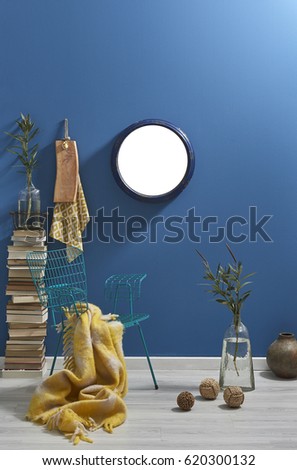 new blue wall frame and old book modern style, interior design
