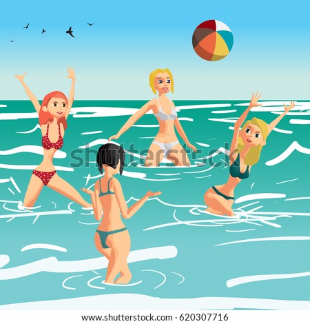Women in a bikini play volleyball in the sea. Girls throw a ball standing in the water. Flat cartoon vector illustration