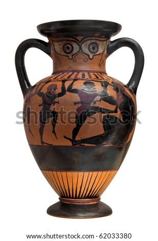 Ancient greek vase depicting Ulysses fighting the cyclop  isolated on white with clipping path Royalty-Free Stock Photo #62033380