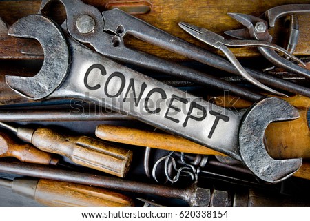 Photo of various tools and instruments with CONCEPT letters imprinted on a clear wrench surface