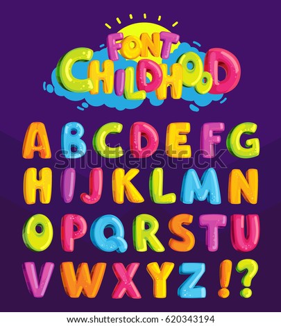 Children's font in the cartoon style of "childhood." Set of multicolored bright letters for inscriptions. Vector illustration of an alphabet.