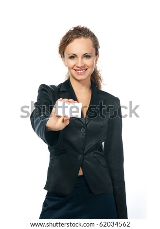 businesswoman in black suit holding blank empty sign. white background