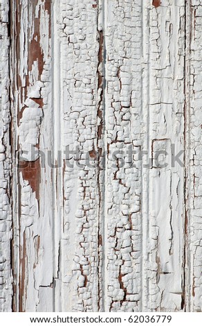 Photograph of the interesting peeling, bubbling and worn wooden side of a white storage structure in an old farming community.  Could be used as a texture or background.
