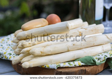 Spring food - fresh white big asparagus ready to cook on the table outside and garden view, sunny day