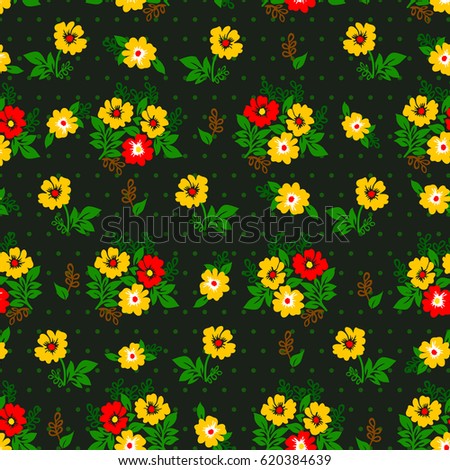 Vector illustration of seamless yellow and red flowers pattern on dark background. Beautiful simple flowers and leaves.