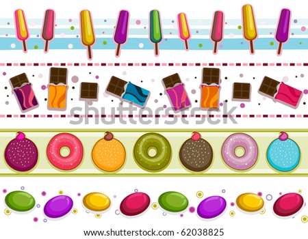Four Border Designs of Various Sweets and Desserts - Vector