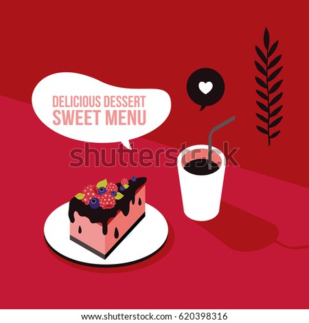 Delicious piece of cake with fruits and coffee Colorful background