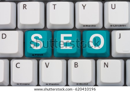 Search engine optimization on the Internet, A close-up of a keyboard with teal highlighted text SEO