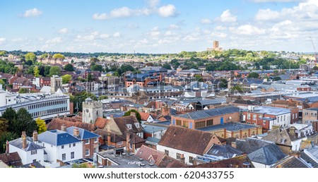 Panorama of the aerial view of Guildford, Surrey, UK Royalty-Free Stock Photo #620433755