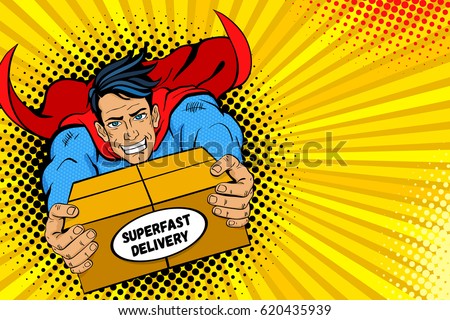 Pop art superhero. Young handsome happy man in a superhero costume flies holding big box with super fast delivery text. Vector illustration in retro pop art comic style. Delivery poster template. Royalty-Free Stock Photo #620435939