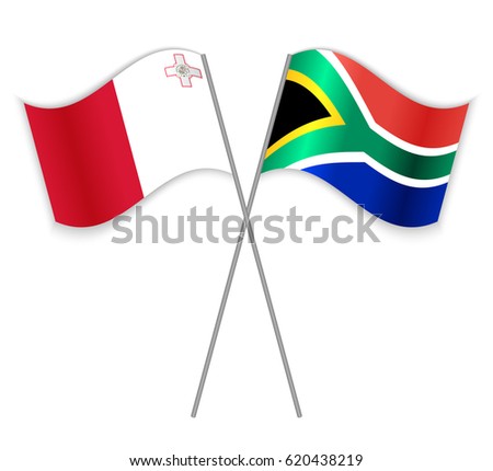 Maltese and South African crossed flags. Malta combined with South Africa isolated on white. Language learning, international business or travel concept.