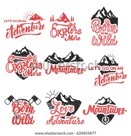 hiking, mountain exploration emblems. Handwritten lettering logo, label, badge. Isolated on white background. Vector illustration.