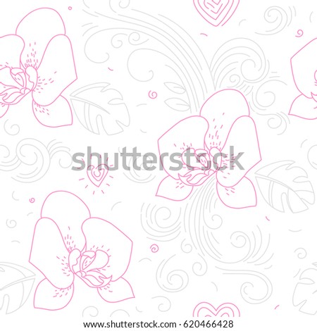 Seamless floral pattern. Linear pattern with tropical flowers and hearts. Orchids background. 